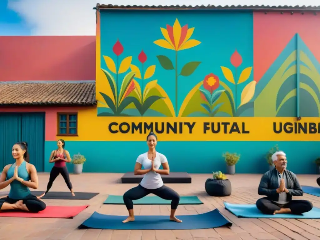 Planes de bienestar en Uruguay: Comunidad diversa y vibrante en plaza uruguaya con actividades variadas y murales coloridos