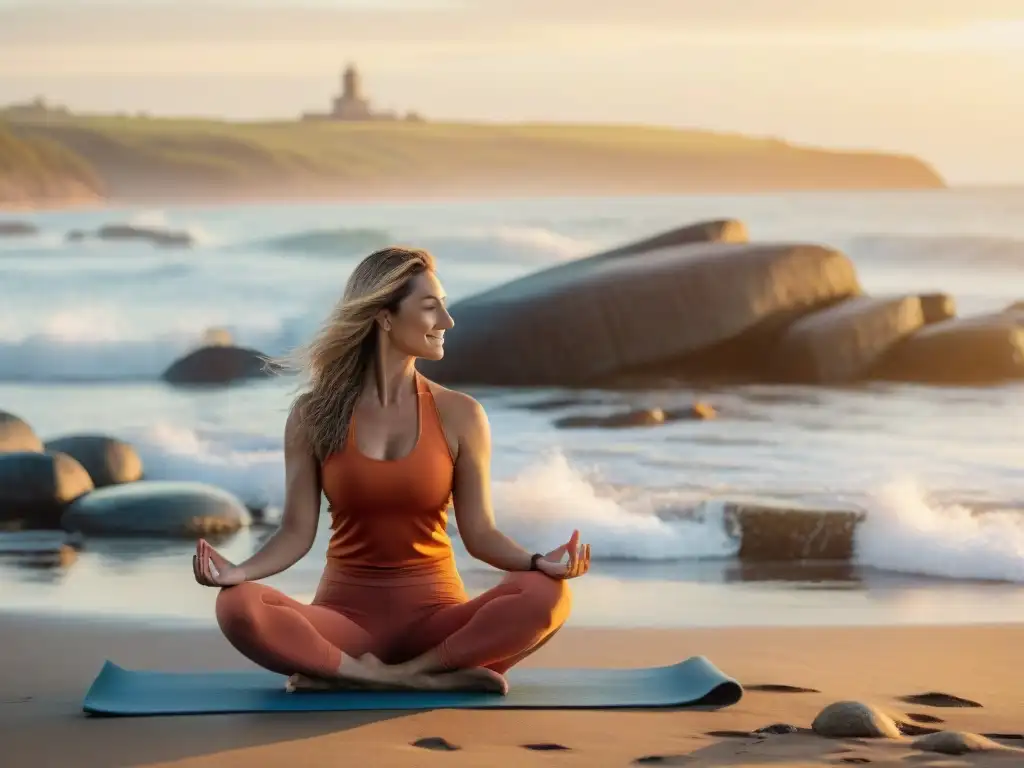 Planes de bienestar físico en Uruguay: Empleados practican yoga al atardecer en la playa, creando un ambiente sereno y inclusivo