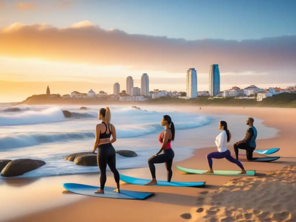 Planes de bienestar en Uruguay: Diversas personas practicando yoga, surf y meditación en la playa de Punta del Este al atardecer