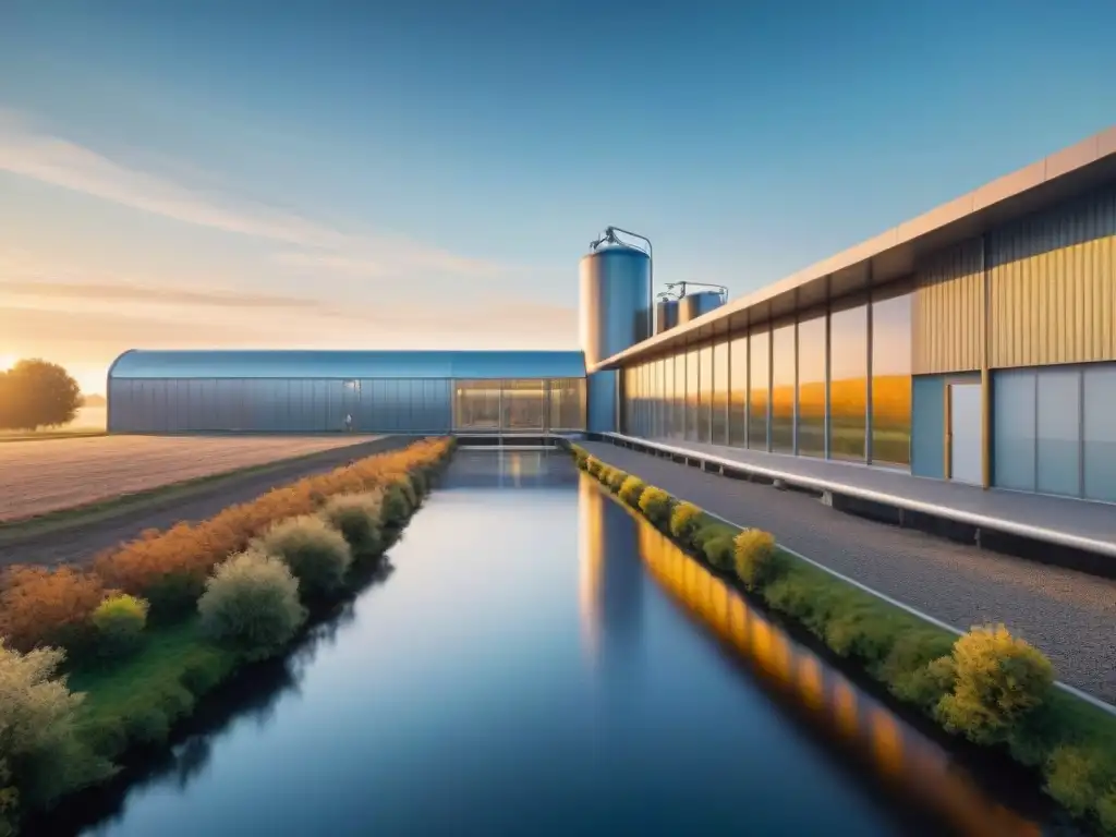 Planta de purificación de agua moderna al atardecer, reflejando luz dorada y la importancia del acceso al agua para el bienestar