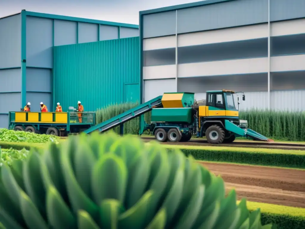 Una planta de reciclaje moderna en Uruguay con maquinaria de última generación y trabajadores gestionando el proceso, rodeada de vegetación exuberante