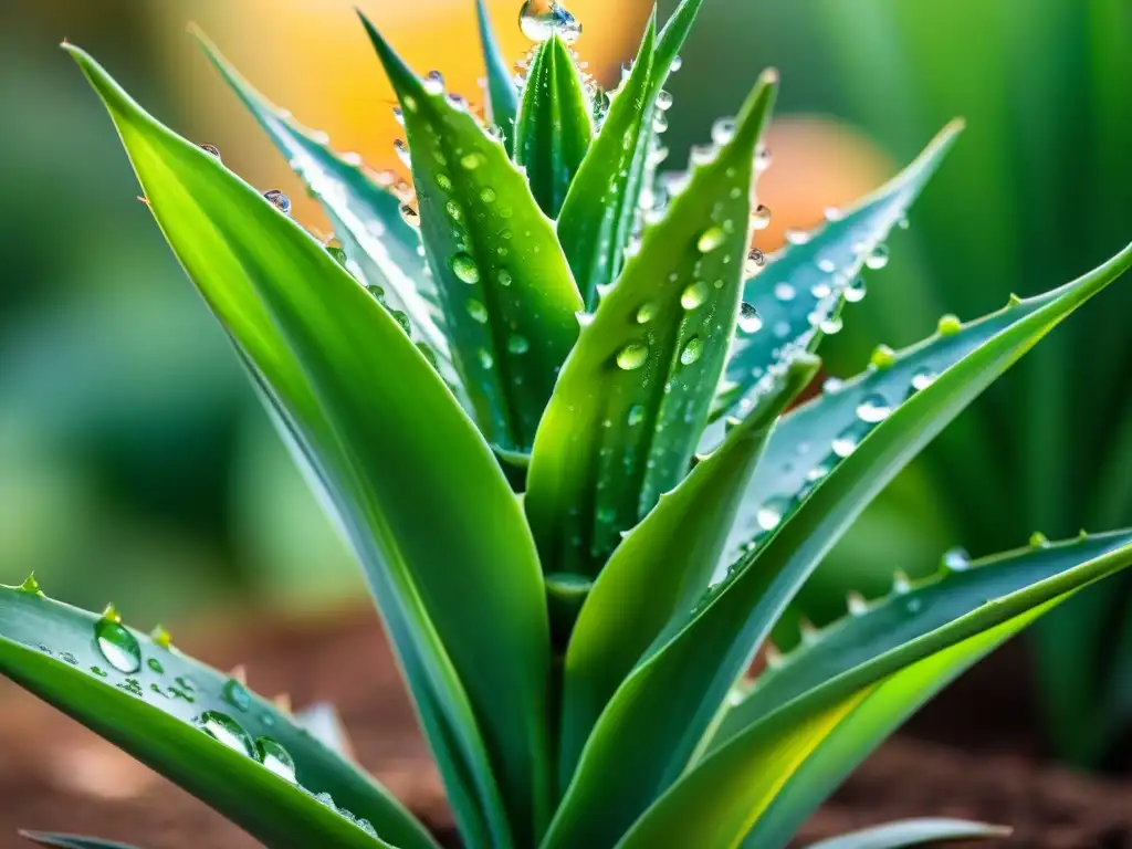 Planta de sábila brillante con gotas de agua, simbolizando ingredientes prohibidos cosméticos ecoamigables Uruguay