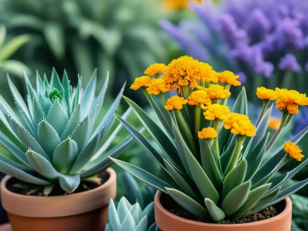 Plantas medicinales de Uruguay en armonía con la naturaleza: aloe vera, lavanda y caléndula en macetas de terracota, evocando bienestar