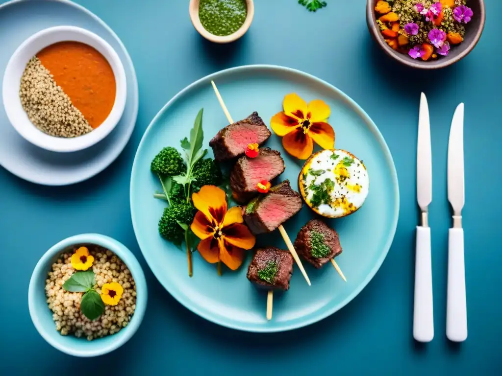 Plato de chivitos saludables uruguayos con quinoa, batatas y chimichurri en presentación artística