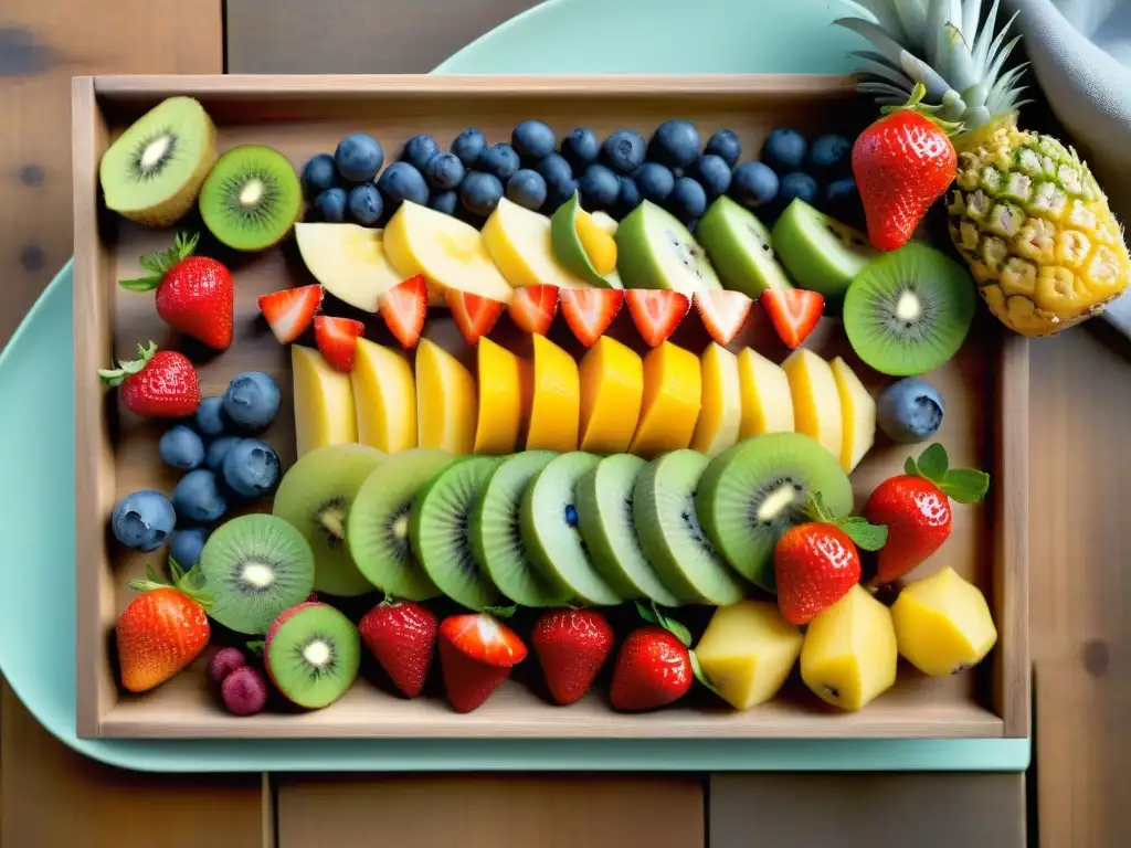 Plato de frutas coloridas y frescas en mesa de madera, ideal para ideas fiestas saludables Uruguay