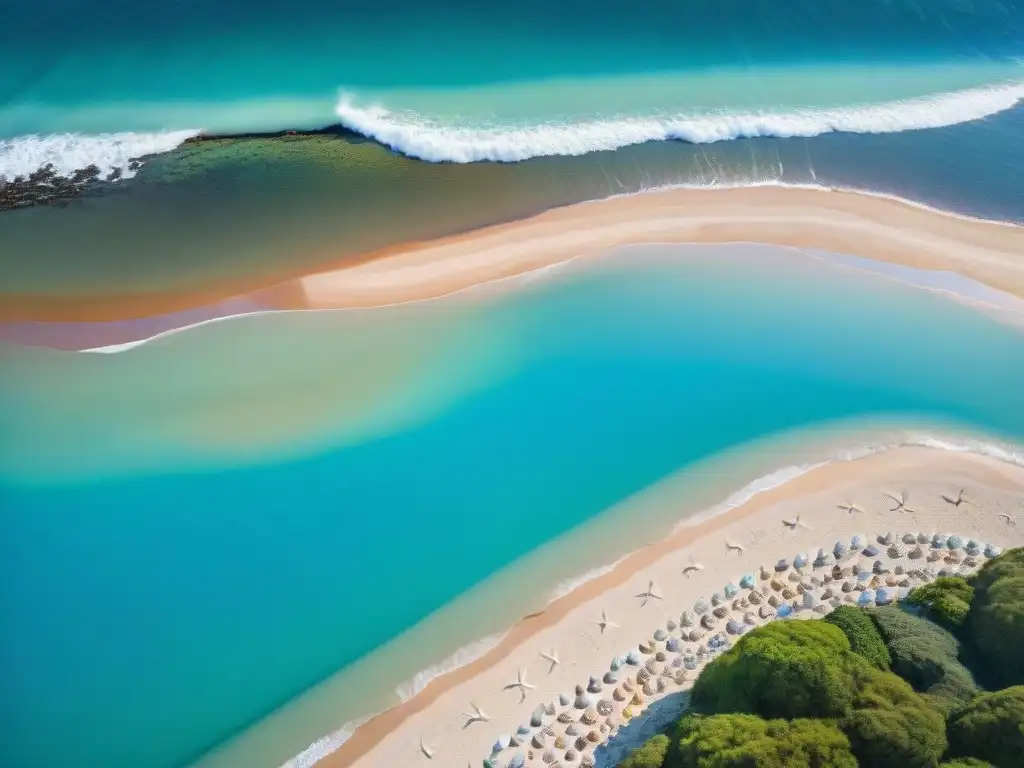 Playa virgen en Uruguay, con agua turquesa y conchas coloridas