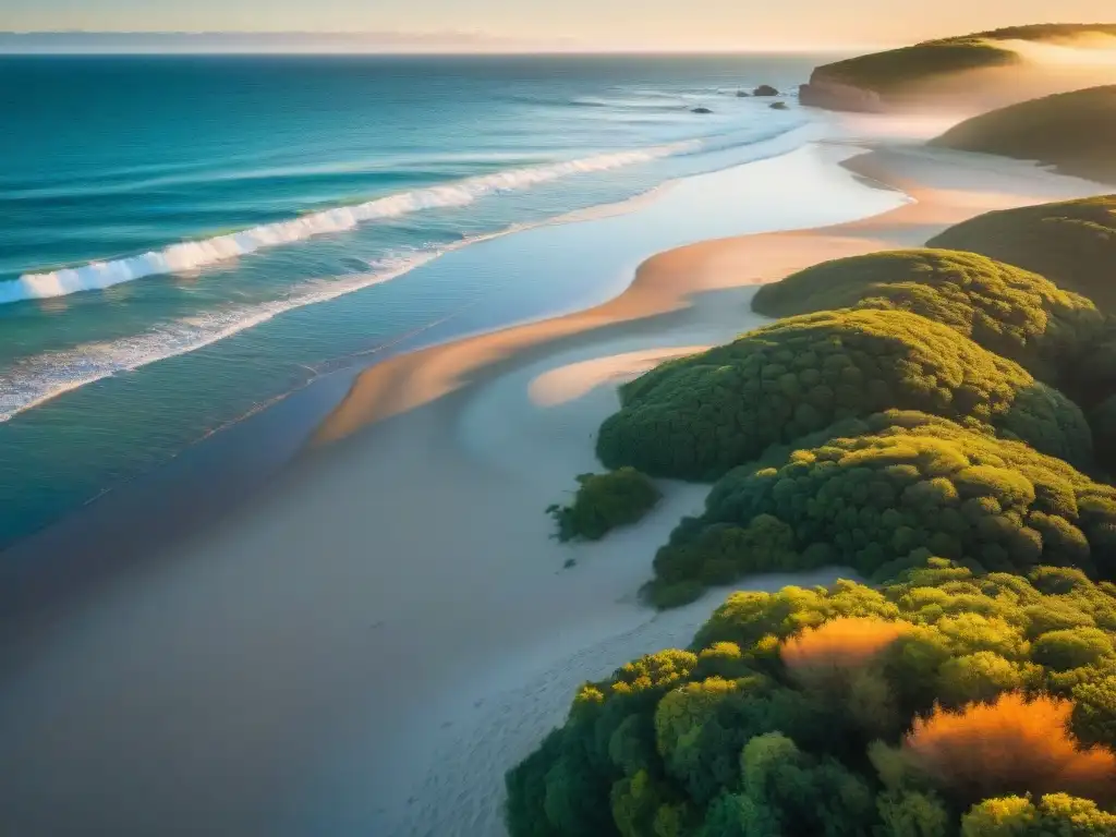 Playa virgen en Uruguay con aguas turquesas cristalinas, arena dorada y vegetación exuberante al atardecer