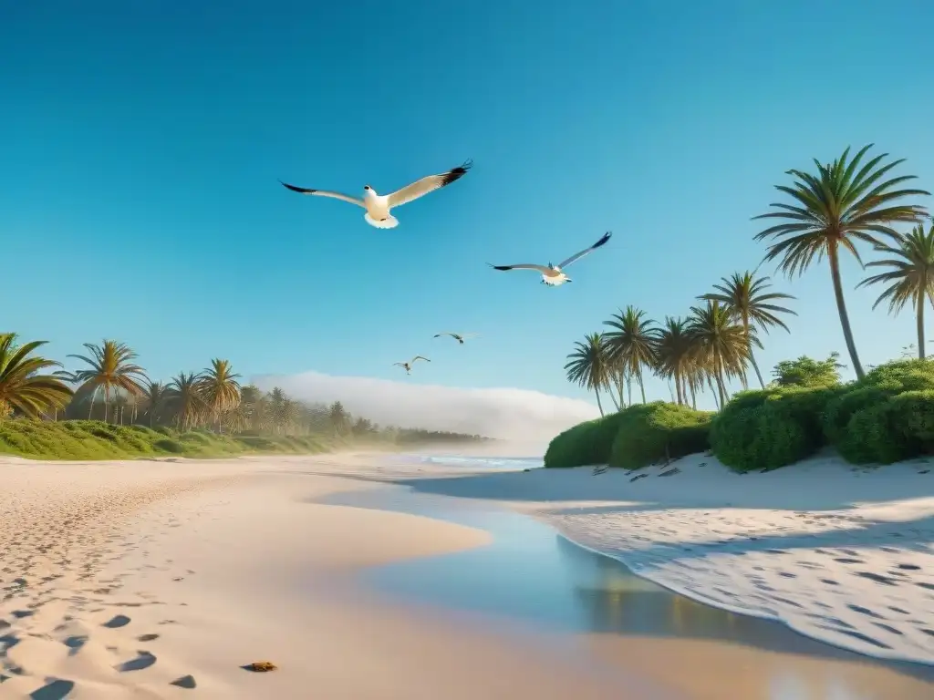 Playa virgen en Uruguay, aguas turquesas y palmeras verdes bajo cielo azul