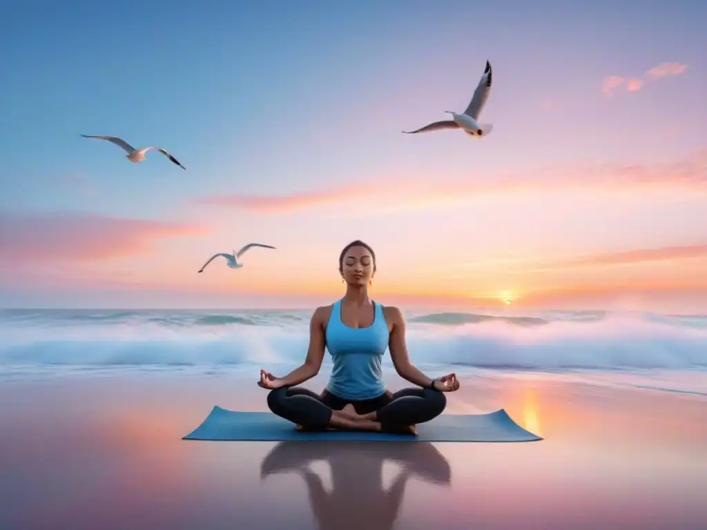 Práctica de yoga en la playa al amanecer postCarnaval, rodeada de olas suaves y gaviotas