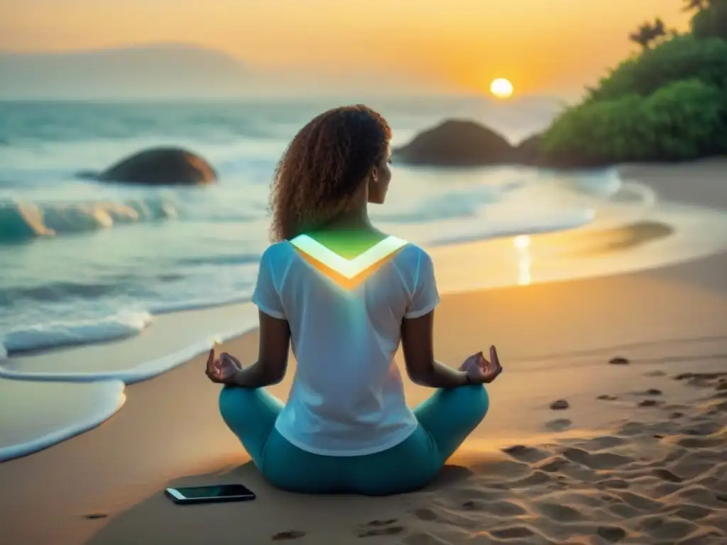 Meditación en la playa al atardecer con app de mindfulness, combinando tecnología y naturaleza para el bienestar integral