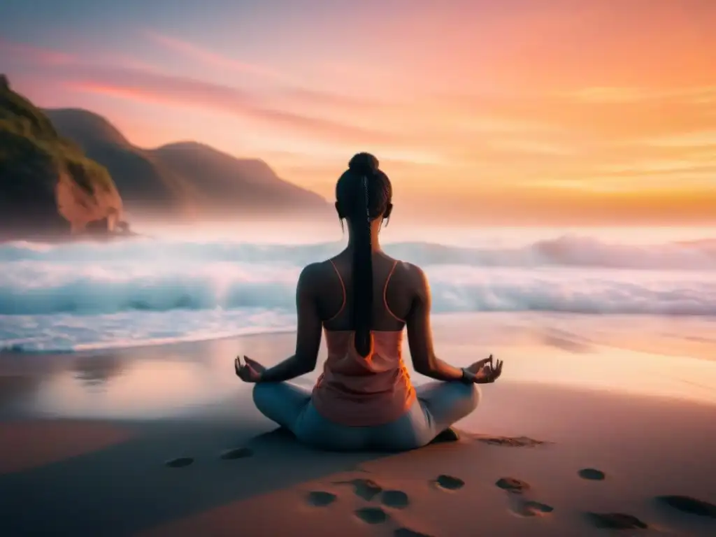 Meditación en playa al atardecer, expresando bienestar integral