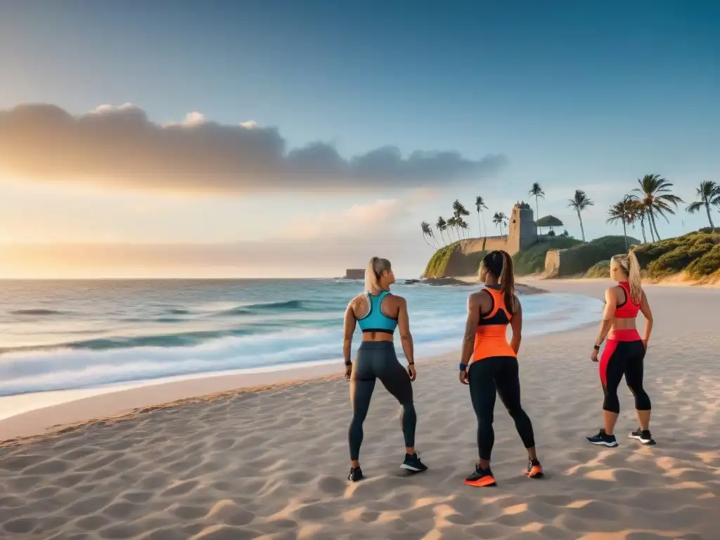 Sesión de HIIT en la playa de Uruguay al atardecer, con personas diversas en ropa deportiva vibrante