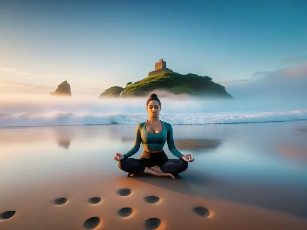 Practica yoga al amanecer en la playa de Uruguay, disfrutando de los beneficios de la meditación y el mindfulness para tu bienestar