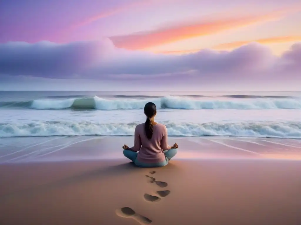 Meditación al amanecer en una playa de Uruguay, con colores suaves y serenidad