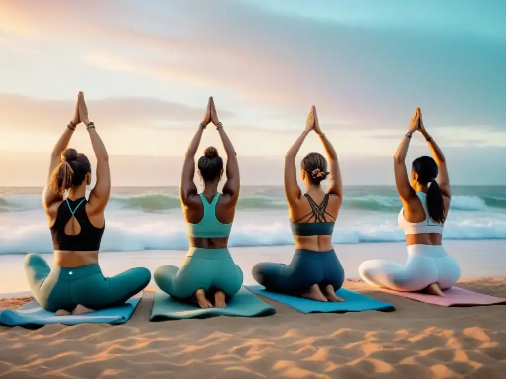 Práctica de yoga en la playa al amanecer en Uruguay, reflejando un enfoque integral de bienestar