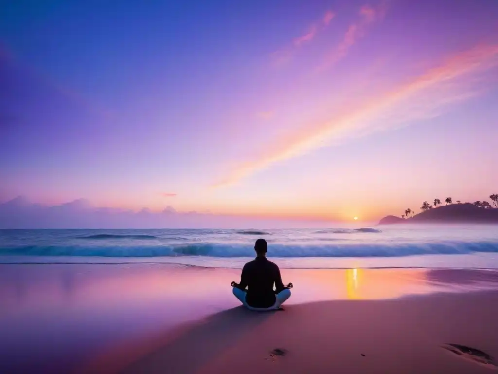 Meditación al amanecer en la playa de Uruguay, con olas calmadas y cielo pastel