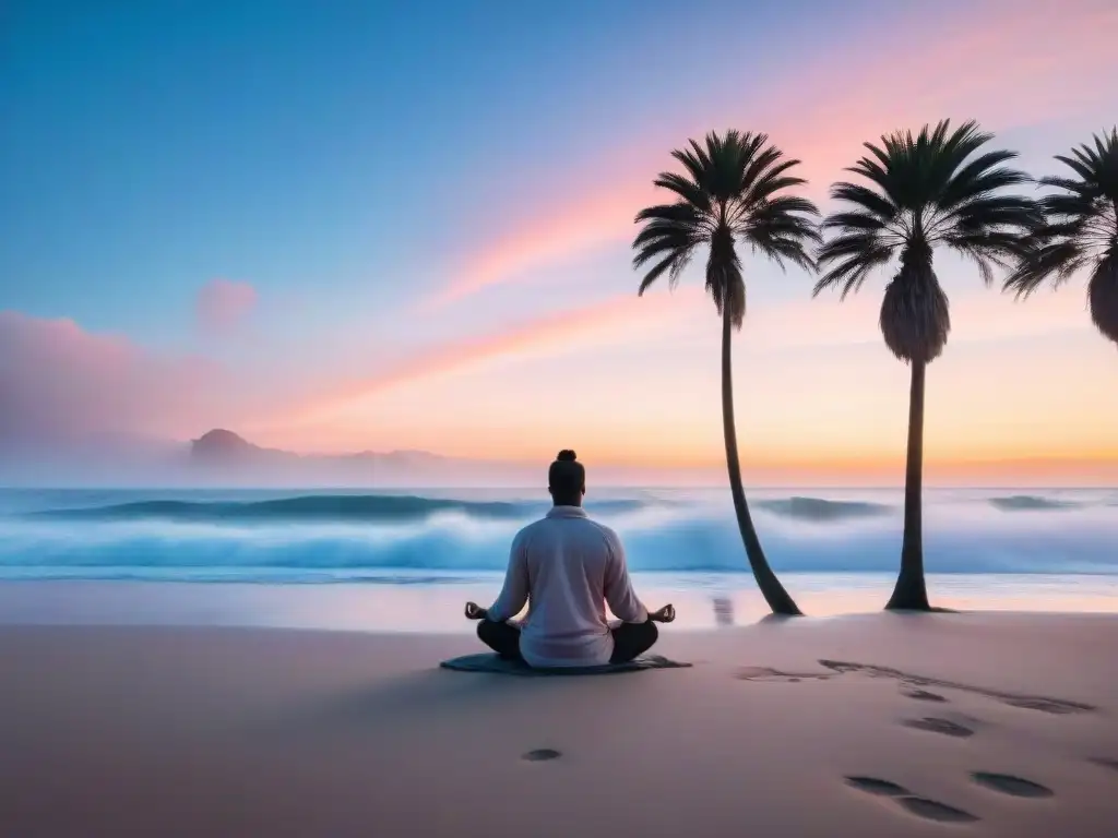 Meditación al amanecer en la playa de Uruguay, con olas suaves y cielo pastel