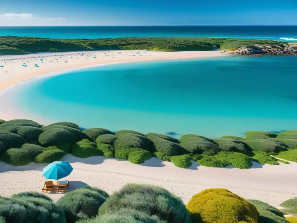 Playa paradisíaca en Uruguay con aguas turquesas, arena dorada, sombrillas y palmeras