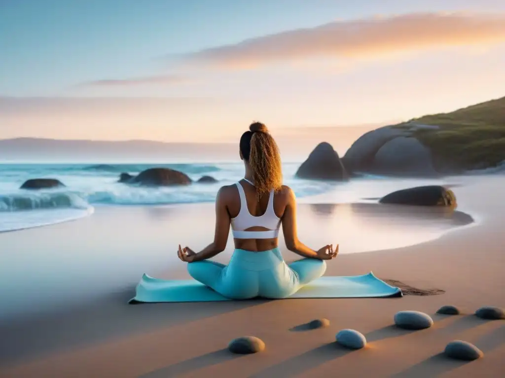 Practica yoga en la playa de Uruguay al amanecer, transmitiendo paz y serenidad