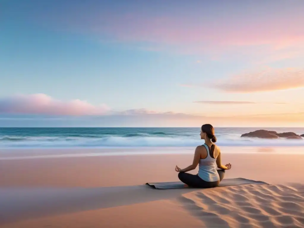 Practica yoga al amanecer en la playa de Punta del Este, Uruguay, mostrando flexibilidad laboral en Uruguay