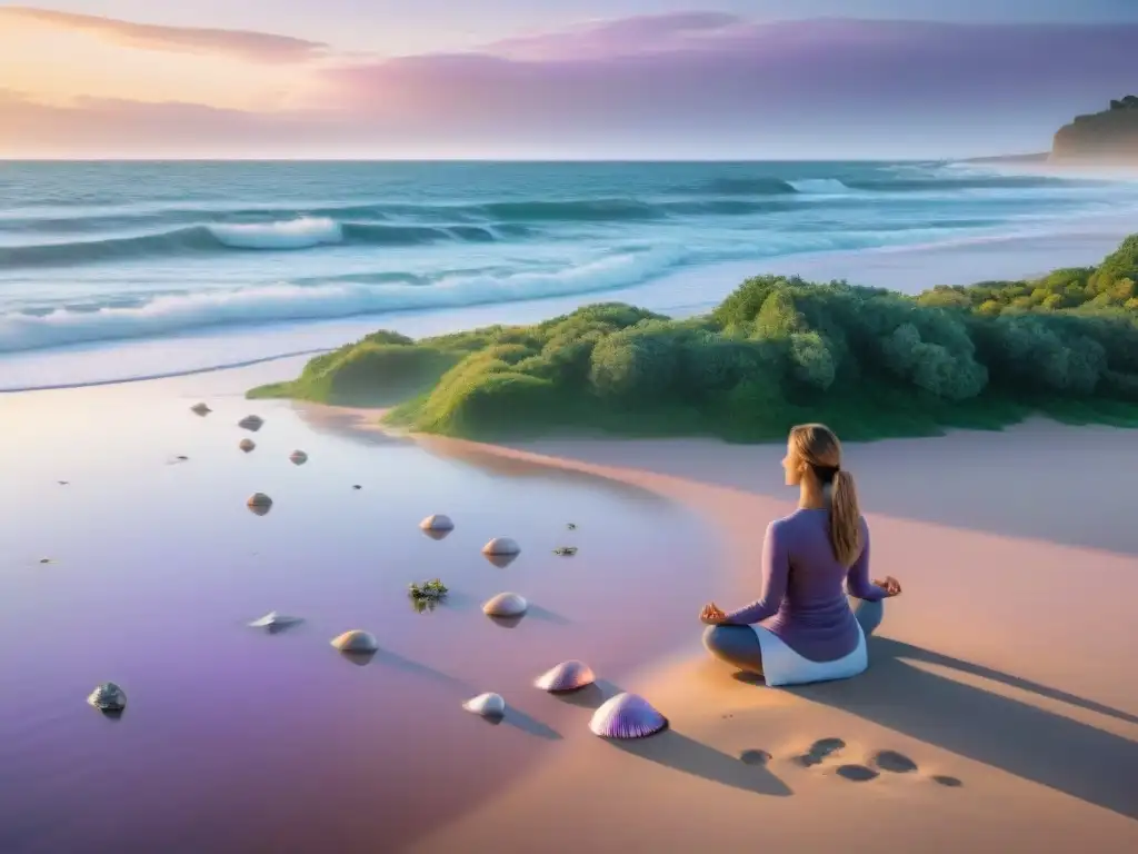 Meditación al amanecer en la playa de Uruguay, con seashells coloridos y gaviotas volando