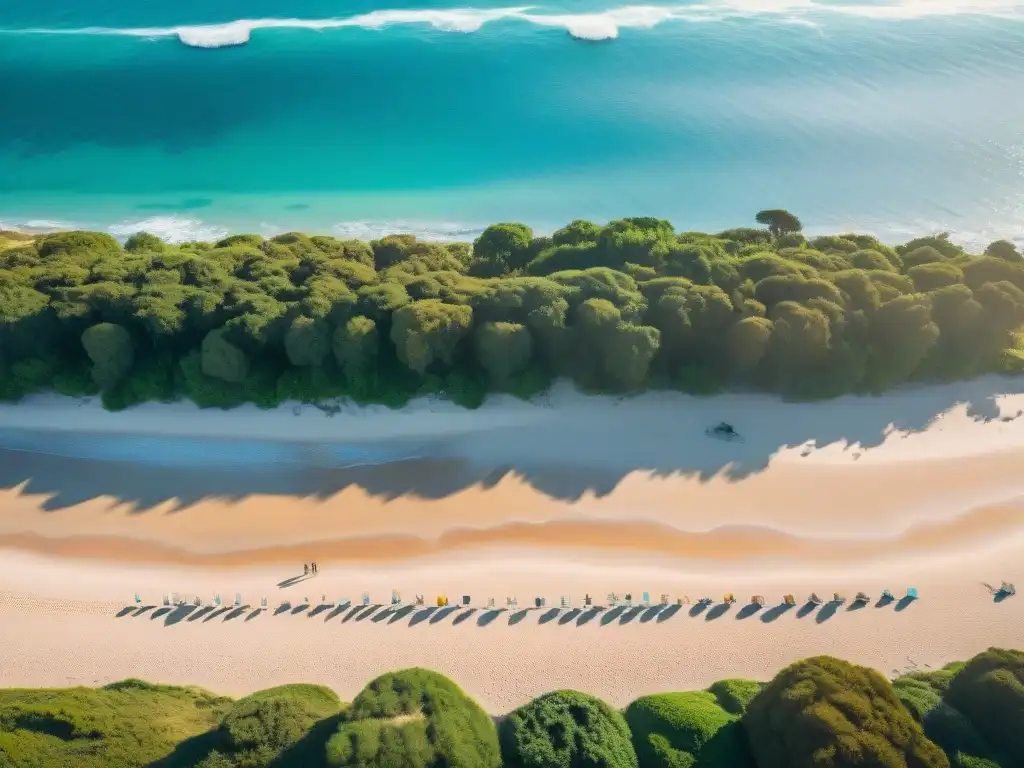 Playa serena en Uruguay, agua turquesa, arena dorada, palmeras verdes