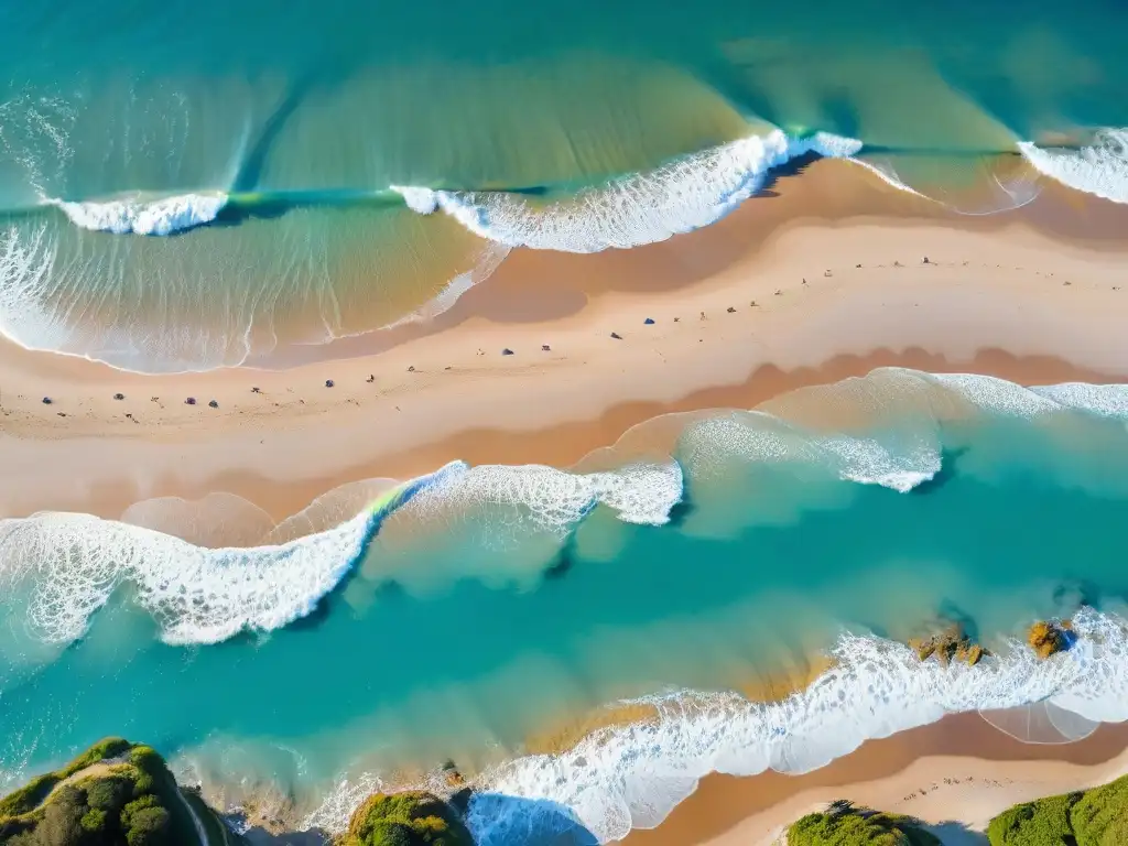 Playa serena en Uruguay con aguas turquesa, arena dorada, palmeras verdes y cielo azul