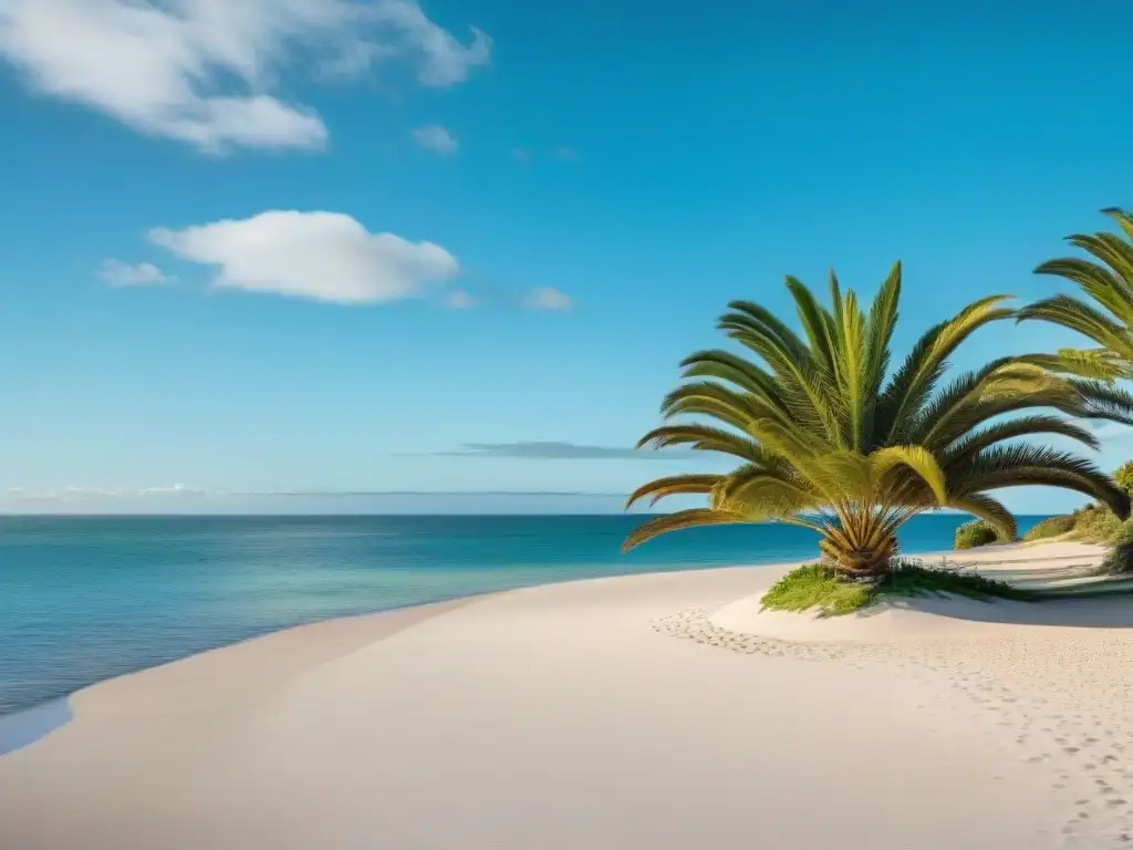 Playa serena en Uruguay con aguas turquesas y palmera