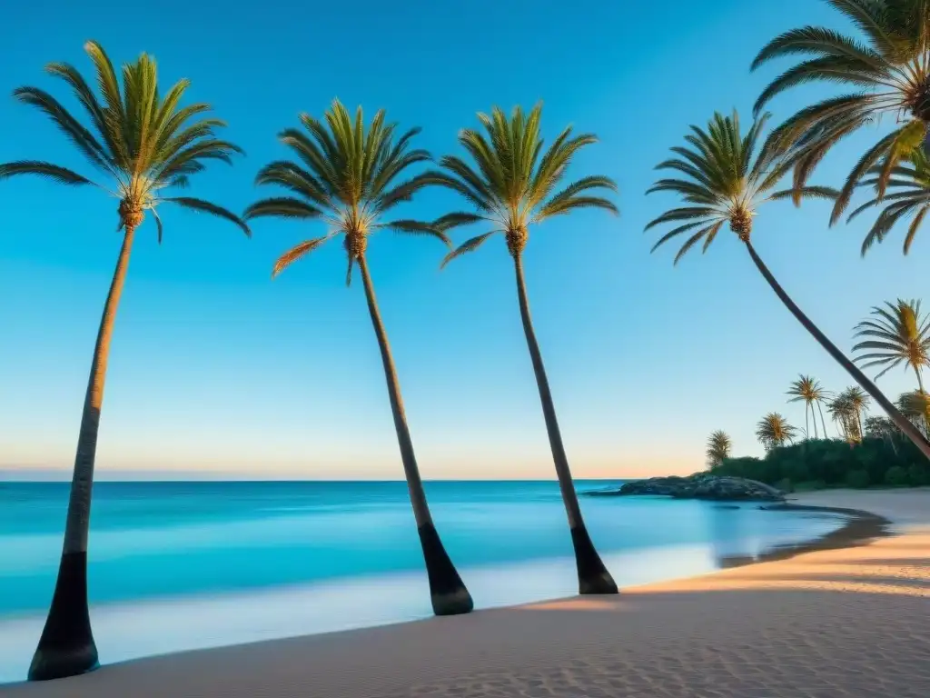 Una playa serena en Uruguay con aguas turquesas, palmeras verdes y cielo azul