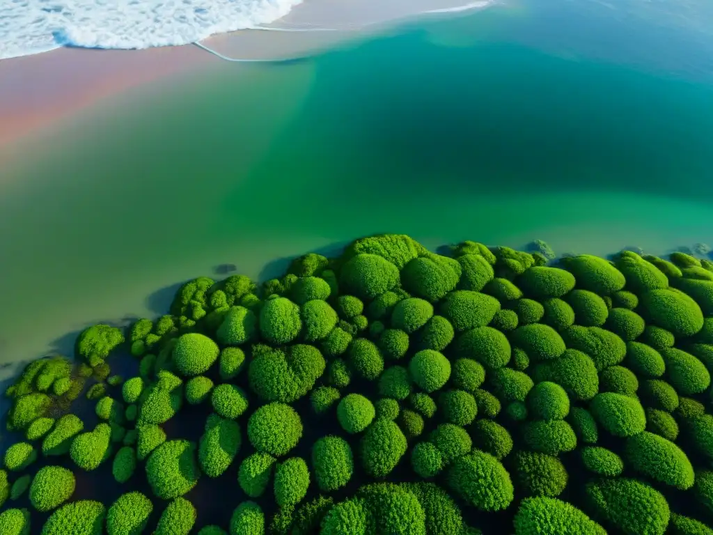 Playa serena en Uruguay con algas y aguas cristalinas, resaltando los beneficios de las algas uruguayas en el cuidado de la piel