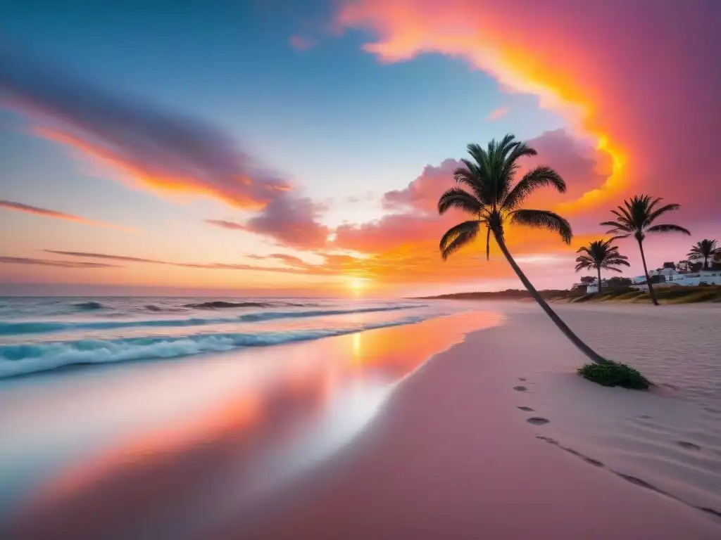 Playa serena en Uruguay al atardecer, reflejando colores vibrantes en el cielo