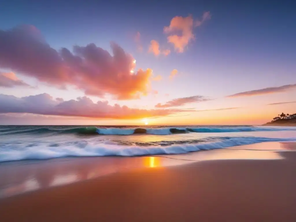 Playa serena en Uruguay al atardecer con colores rosados y naranjas en el cielo, olas suaves y palmeras