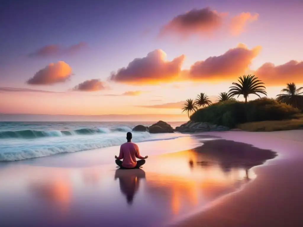 Playa serena al atardecer en Uruguay, con luz dorada sobre el mar y siluetas de palmeras