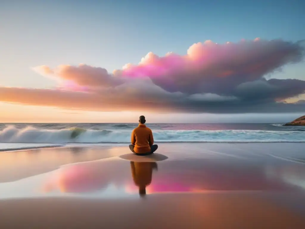 Playa serena de Uruguay al atardecer con meditación Rioplatense en Uruguay