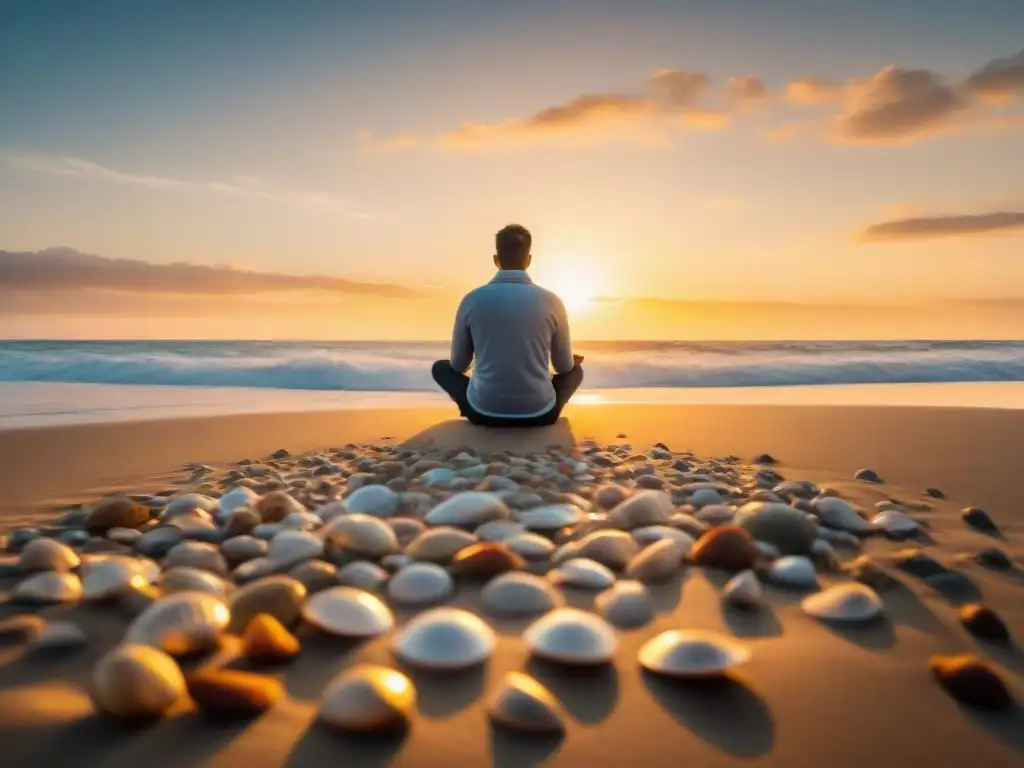 Una playa serena al atardecer en Uruguay, con olas suaves, un cielo colorido reflejándose en el agua y una figura solitaria practicando meditación mindfulness entre conchas y rocas lisas para fortalecer autoestima