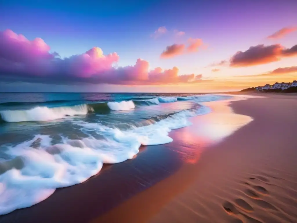 Playa serena de Uruguay al atardecer con palmeras, olas y cielo colorido