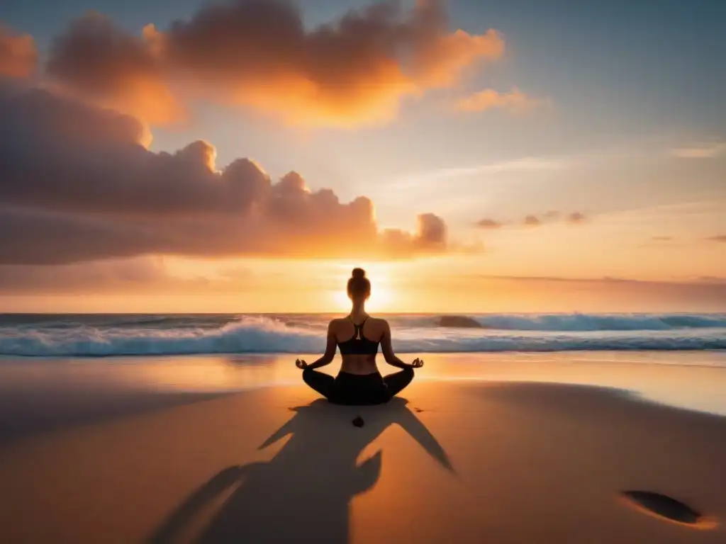 Playa serena al atardecer, con persona practicando yoga entre frases motivadoras sobre crecimiento personal y éxito