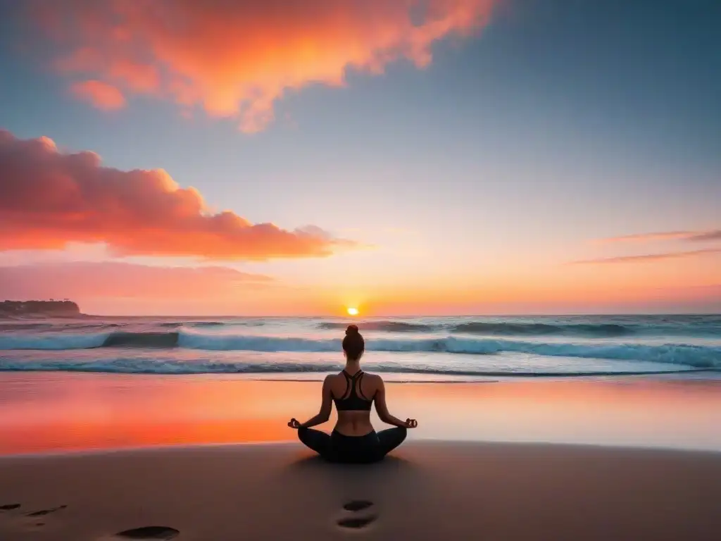 Una playa serena al atardecer en Uruguay, con una persona practicando yoga, reflejando bienestar integral