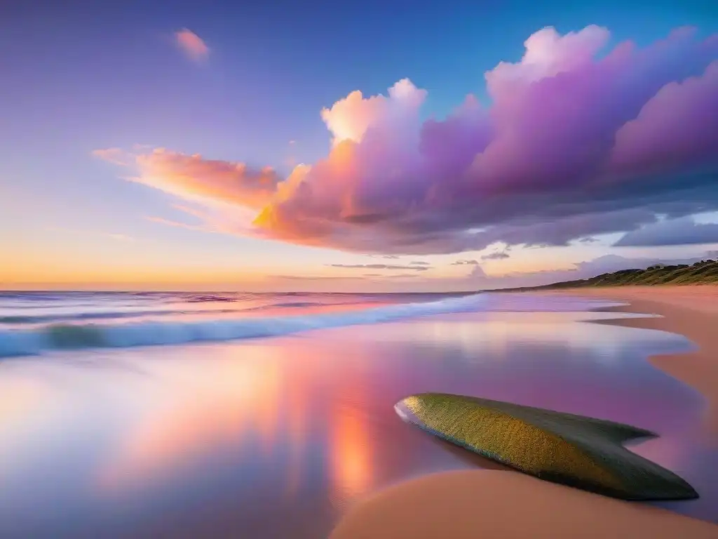 Playa serena en Uruguay al atardecer con meditación mindfulness en la playa