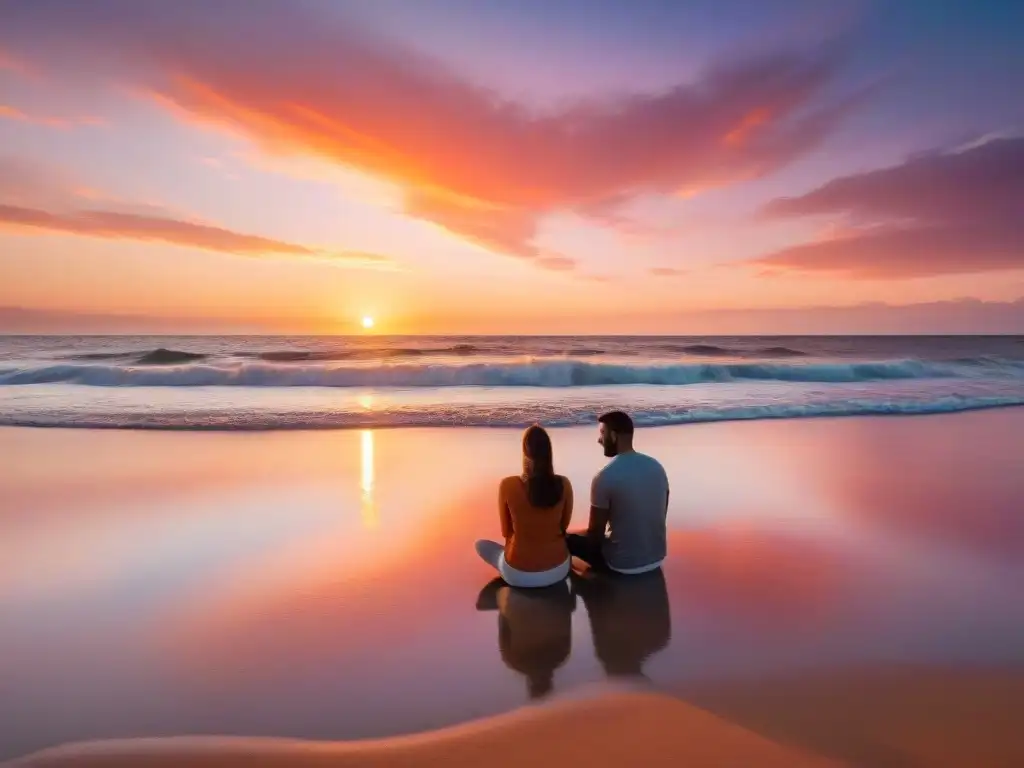 Una playa serena al atardecer en Uruguay, con tonos naranjas y rosados pintando el cielo mientras el sol se oculta bajo el horizonte