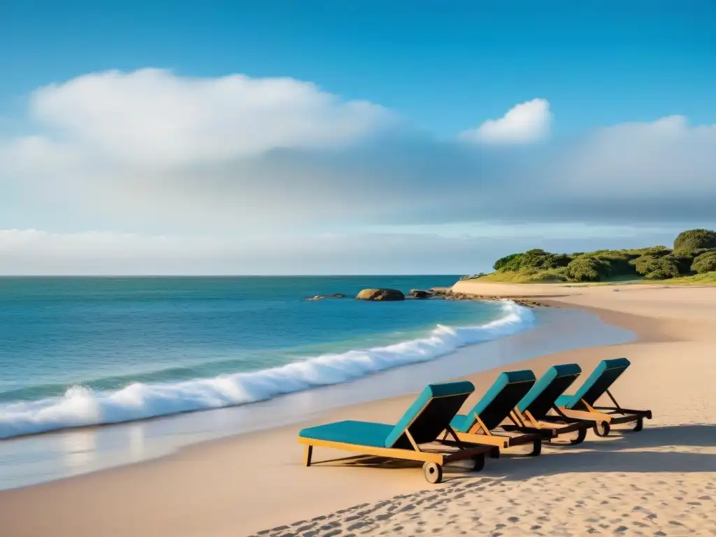 Playa serena en Uruguay con cielos azules, olas suaves y ambiente tranquilo