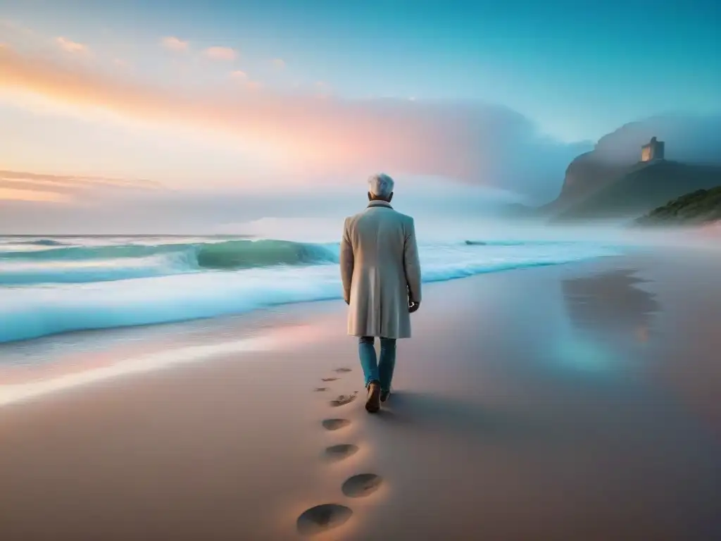 Playa serena en Uruguay al amanecer, con colores suaves y una figura meditando