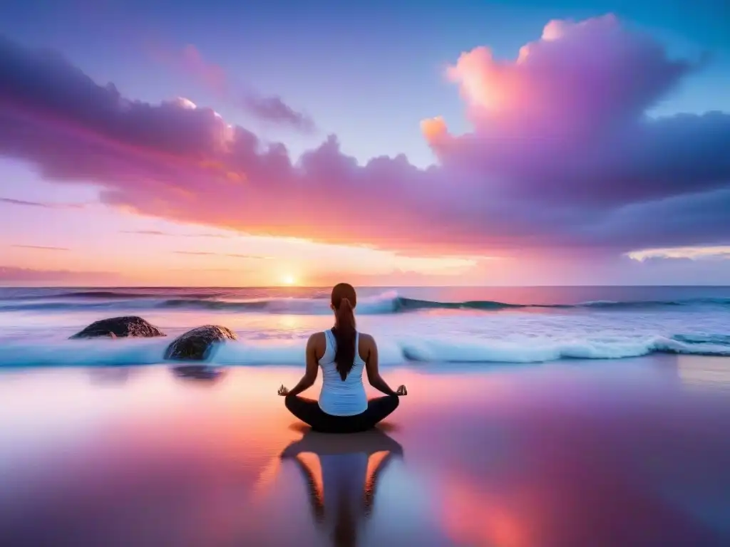 Playa serena al amanecer en Uruguay, con figura sola practicando yoga en la arena y cielo vibrante reflejado en el agua