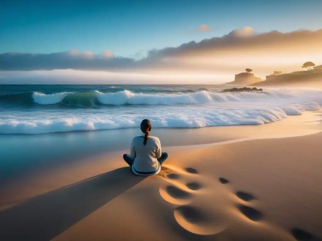 Una playa serena en Uruguay al amanecer, con olas suaves, cielo colorido y alguien practicando meditación