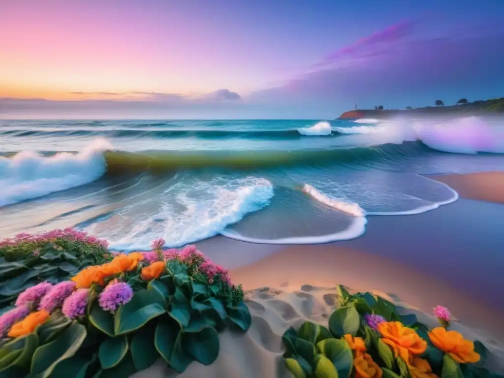 Playa serena al amanecer en Uruguay, persona meditando entre naturaleza exuberante y flores