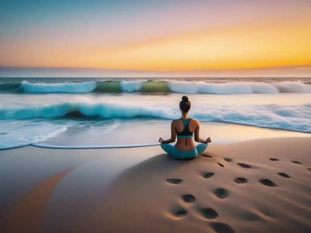 Playa serena en Uruguay al amanecer con personas practicando yoga y meditación