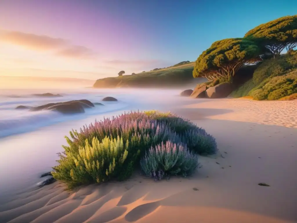 Playa serena en Uruguay al amanecer, con plantas nativas y exfoliantes naturales Uruguay