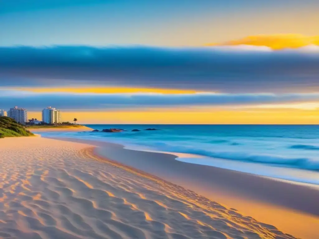 Playa serena en Punta del Este, Uruguay, con aguas cristalinas, arena dorada y un vibrante atardecer