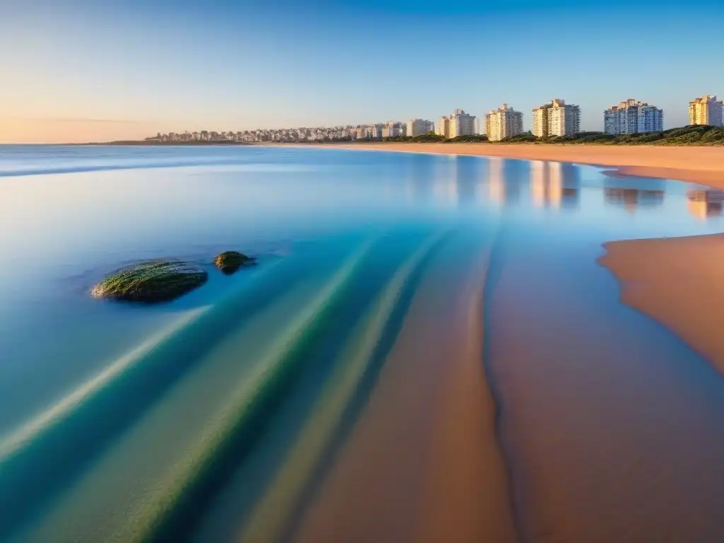 Playa serena en Punta del Este, Uruguay, arena dorada y aguas cristalinas bajo cielo azul