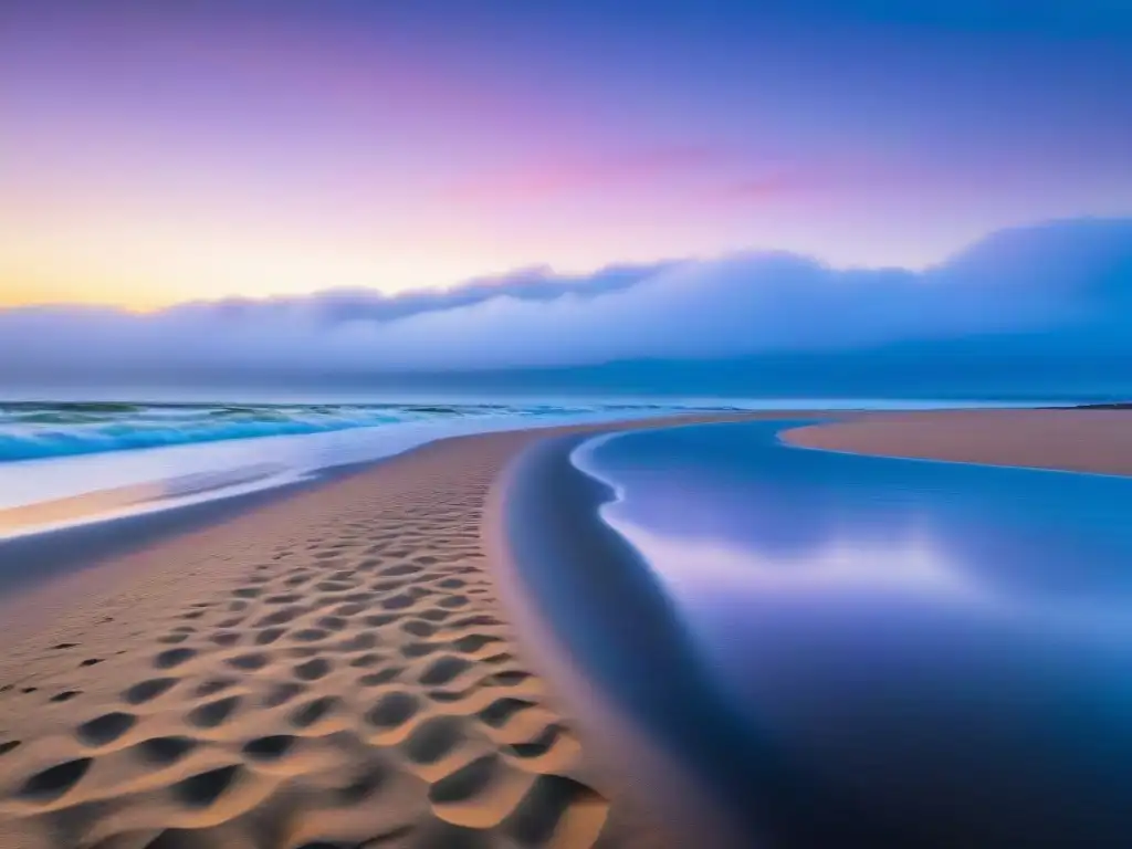 Playa serena en Punta del Este, Uruguay al amanecer con práctica de mindfulness